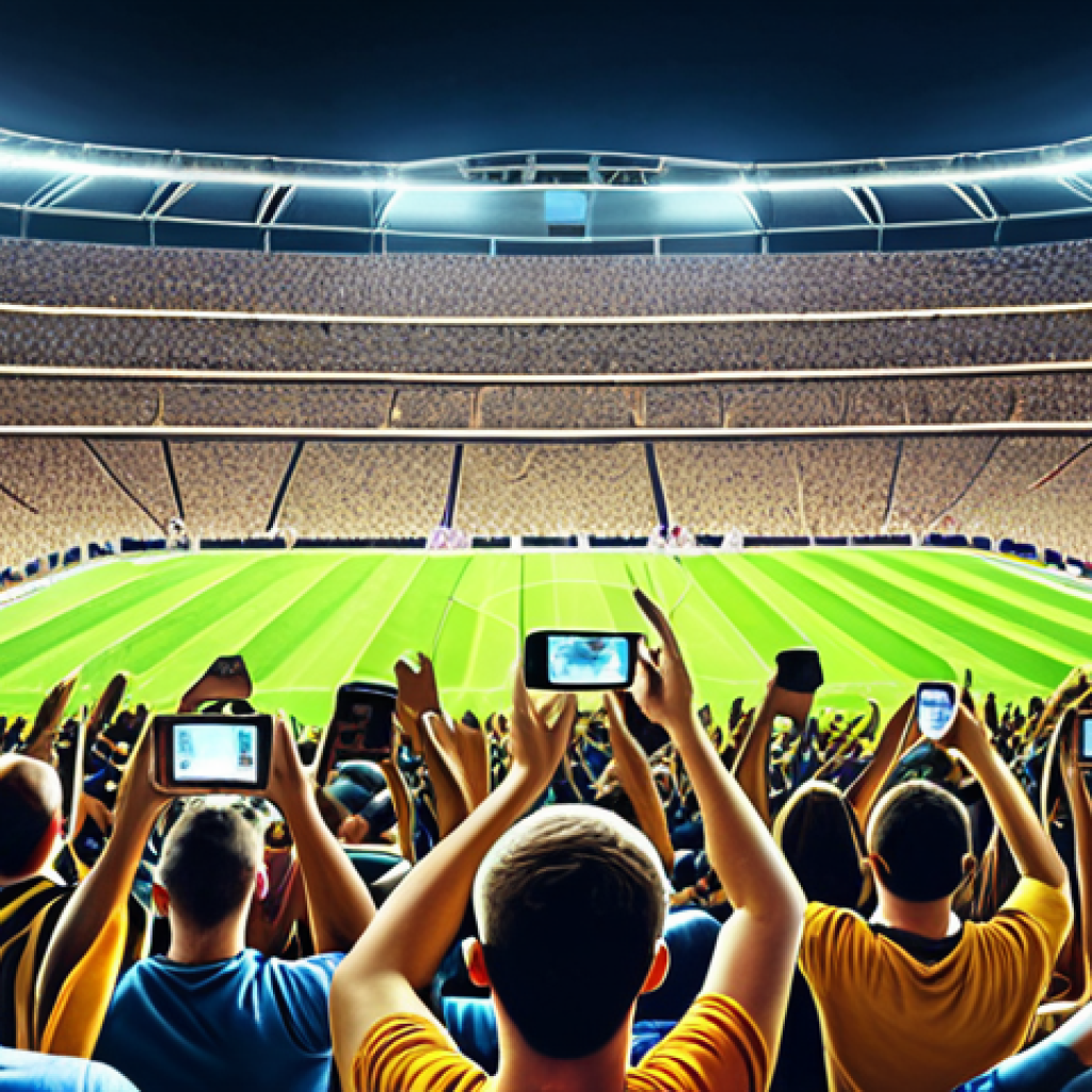 **

A football stadium filled with fans, many holding up smartphones and tablets. The stadium is brightly lit, and there's a feeling of excitement. Emphasize the connectivity and online aspect of the modern fan experience.
**