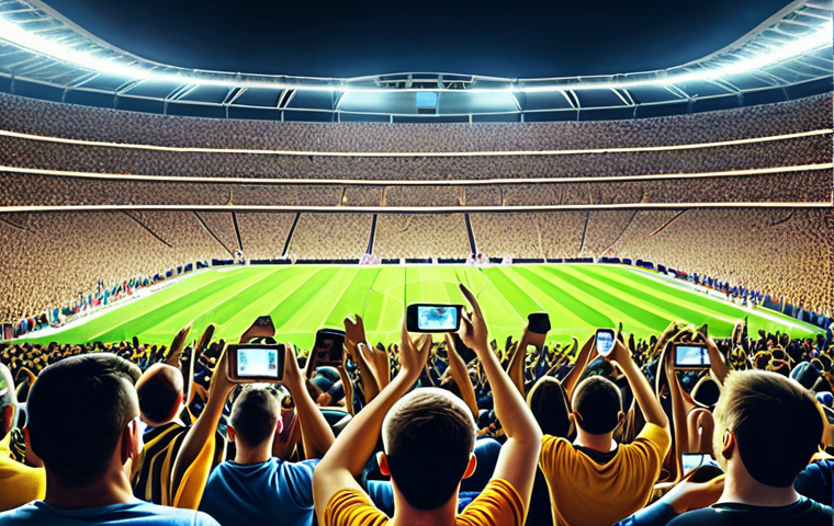 **

A football stadium filled with fans, many holding up smartphones and tablets. The stadium is brightly lit, and there's a feeling of excitement. Emphasize the connectivity and online aspect of the modern fan experience.
**
