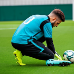 A professional male or female footballer in a modest, modern football kit, fully clothed, appropriate attire. The player is on a pristine green football pitch, kneeling down, carefully examining the sole of a football boot. Multiple types of boots (different sole types like FG, AG, SG) are neatly displayed around them. The scene highlights the intricate details of the boots' materials (leather and synthetic textures) and designs. The lighting is bright and natural. Professional photography, high quality, perfect anatomy, correct proportions, natural pose, well-formed hands, proper finger count, natural body proportions, safe for work, appropriate content, family-friendly.