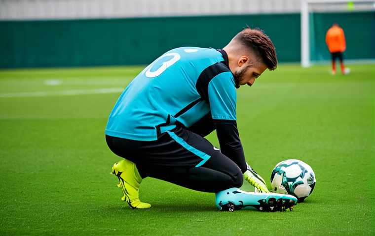 A professional male or female footballer in a modest, modern football kit, fully clothed, appropriate attire. The player is on a pristine green football pitch, kneeling down, carefully examining the sole of a football boot. Multiple types of boots (different sole types like FG, AG, SG) are neatly displayed around them. The scene highlights the intricate details of the boots' materials (leather and synthetic textures) and designs. The lighting is bright and natural. Professional photography, high quality, perfect anatomy, correct proportions, natural pose, well-formed hands, proper finger count, natural body proportions, safe for work, appropriate content, family-friendly.